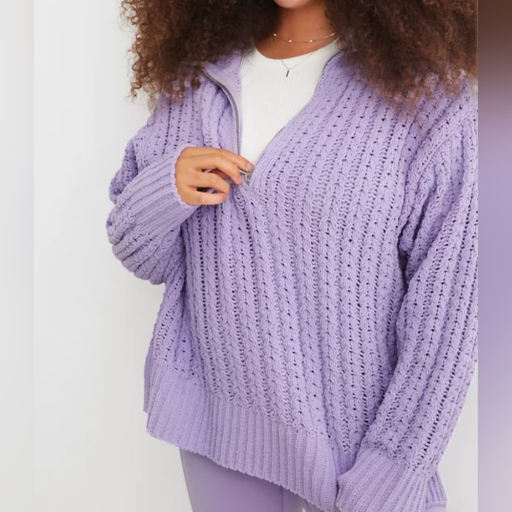 Aerie Cable Car Quarter Zip Sweater Lavender Oversized Knit Sweater S/P